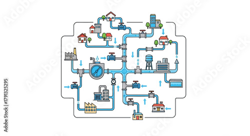 A detailed infographic illustrating the complete urban water distribution system, showing the network of pipes, valves, and pumps connecting treatment plants to residential and industrial buildings