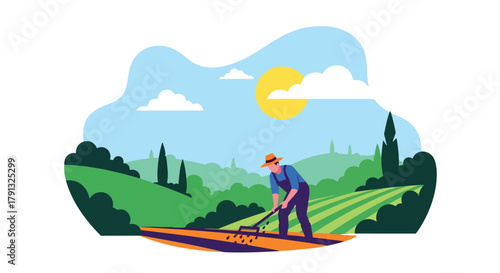 Flat vector illustration of farmer planting seeds in field during sunrise. Solid warm palette, clean minimalist design, no gradients, concept of hope, growth, and new beginnings