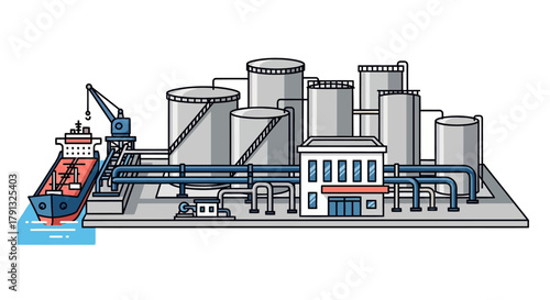 Maritime logistics concept showing a fuel tanker ship unloading at a coastal oil storage terminal with large tanks and industrial infrastructure