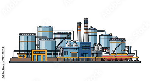 A detailed vector illustration of a large industrial factory complex with storage silos, smokestacks, and a freight train, symbolizing manufacturing and energy production