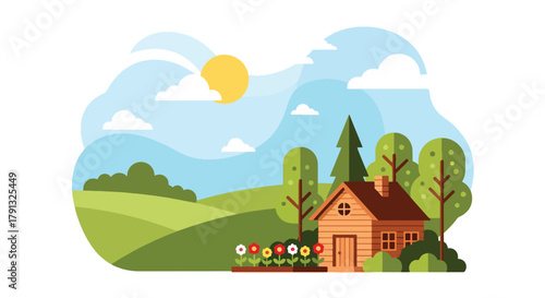 Flat vector illustration of cozy traditional wooden house surrounded by garden and trees. Solid warm palette, clean geometric forms, no gradients, peaceful countryside life