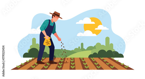 Flat vector illustration of farmer planting seeds in field during sunrise. Solid warm palette, clean minimalist design, no gradients, concept of hope, growth, and new beginnings