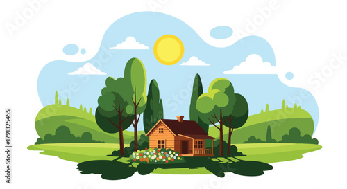 Flat vector illustration of cozy traditional wooden house surrounded by garden and trees. Solid warm palette, clean geometric forms, no gradients, peaceful countryside life