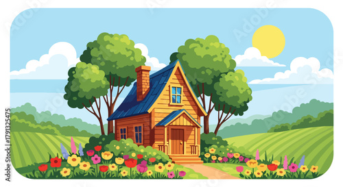 Flat vector illustration of cozy traditional wooden house surrounded by garden and trees. Solid warm palette, clean geometric forms, no gradients, peaceful countryside life