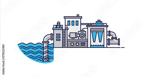 Industrial water treatment plant concept. Vector icon illustration of a filtration system for wastewater purification and sustainable resource management