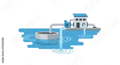 A modern flat design illustration of a water treatment plant, symbolizing purification, sanitation, and sustainable resource management