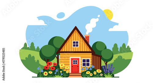 Flat vector illustration of cozy traditional wooden house surrounded by garden and trees. Solid warm palette, clean geometric forms, no gradients, peaceful countryside life