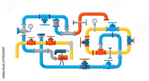 Conceptual illustration of a complex industrial pipeline system with colorful pipes, valves, and pressure gauges, representing infrastructure and engineering
