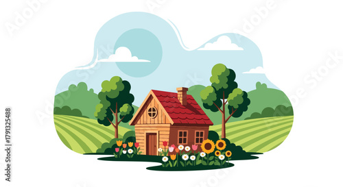 Flat vector illustration of cozy traditional wooden house surrounded by garden and trees. Solid warm palette, clean geometric forms, no gradients, peaceful countryside life