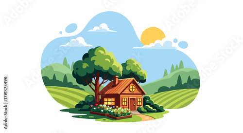 Flat vector illustration of cozy traditional wooden house surrounded by garden and trees. Solid warm palette, clean geometric forms, no gradients, peaceful countryside life
