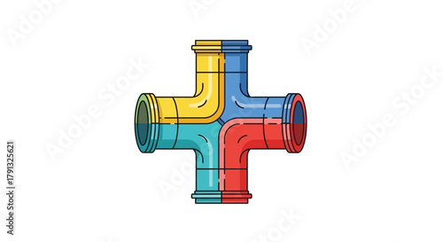 Colorful four-way pipe fitting illustration representing a system of connection, flow, and distribution