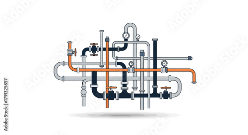 A complex network of industrial pipes, valves, and gauges in a flat vector illustration, symbolizing systems, infrastructure, and engineering