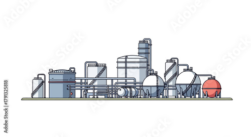 Vector illustration of a chemical plant or oil refinery. Industrial factory complex with tanks and pipelines isolated on a white background