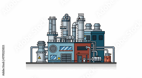 Vector illustration of an industrial factory plant, symbolizing manufacturing processes, energy production, and chemical refinery technology