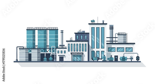 Modern industrial factory building complex with tanks and pipelines, representing the concept of manufacturing and energy production