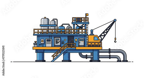 Industrial sea platform for oil and gas extraction, an offshore drilling rig with a crane and pipes. Flat line art vector illustration representing the energy industry