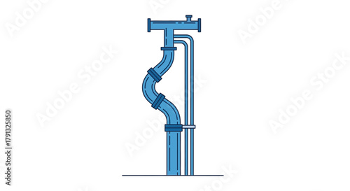 An isolated vector illustration of a blue industrial pipe system. A flat design concept for plumbing, pipeline, and fluid transportation