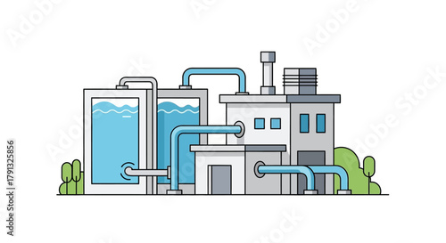 Vector illustration of a modern water treatment plant facility with purification tanks and an industrial building complex