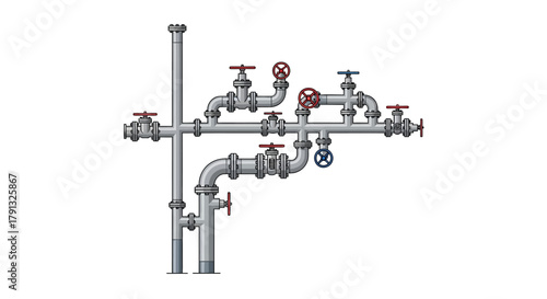 Vector illustration of an industrial pipeline system featuring a complex network of pipes, flanges, and colored control valves for fluid flow management