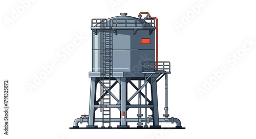 An isolated vector illustration of a gray industrial water tower, a large metal storage tank for liquids with detailed piping and an access ladder