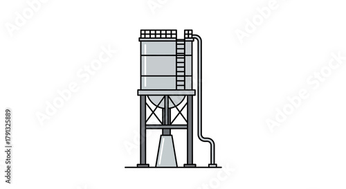 Industrial silo storage tank with ladder and pipes, vector line icon illustration for manufacturing and agriculture concepts
