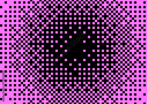 vector illustration features a geometric, abstract style with pink squares on a black background. The pattern gradually transitions from sparse to dense, creating a dynamic, digital pixel-art effect.

