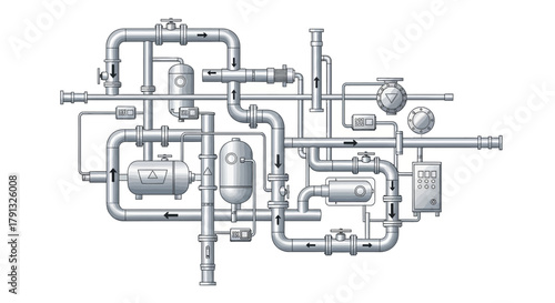 Intricate industrial schematic illustrating a complex network of pipes, tanks, and valves for fluid processing and flow control systems