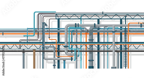 Vector illustration of a complex industrial pipeline system with interwoven tubes and conduits on a white background, representing industrial infrastructure and engineering
