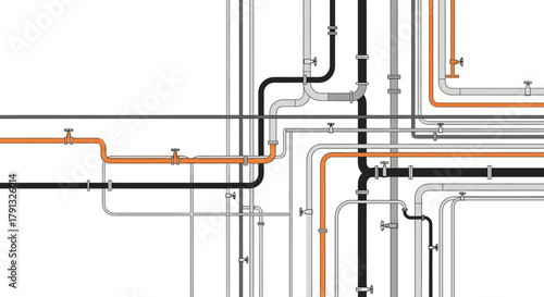 An intricate network of interconnected industrial pipelines in black, grey, and orange, illustrating a complex system of flow and infrastructure