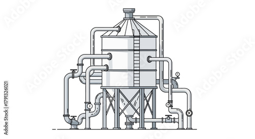Industrial silo storage tank with a complex network of pipes and valves for processing, a clean line art vector illustration
