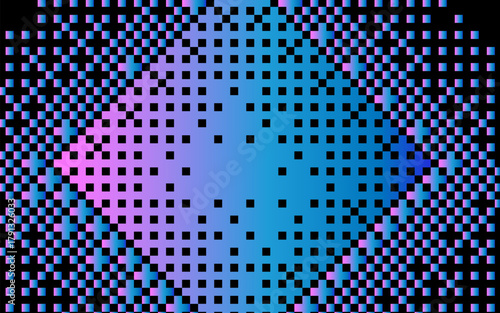 Vector illustration showcases an abstract geometric gradient of blue, purple, and pink squares. The pixelated patterns create a dynamic and modern digital art theme. Y2K Vaporwave style.