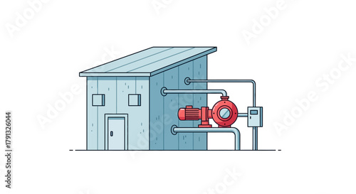 Illustration of a modern water pump station with an electric motor and pipeline system for industrial fluid management
