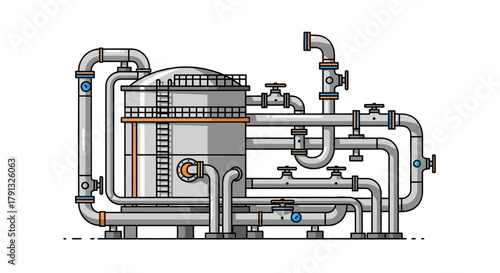 Vector line art illustration of an industrial processing plant featuring a large storage tank and a complex network of pipes and valves for filtration
