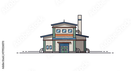A modern flat line art illustration of an industrial factory building isolated on a white background. Vector graphic icon representing manufacturing and industry