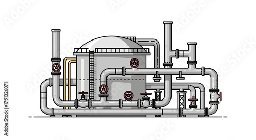 A detailed vector illustration of industrial processing equipment, featuring a large tank connected to a complex network of pipes and valves