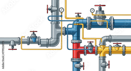 A complex industrial pipeline system illustration featuring a network of colorful pipes, valves, and pressure gauges for fluid management
