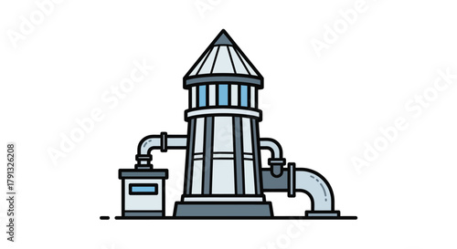 Vector illustration of an industrial water tower with connecting pipes. A flat line art icon representing water supply and liquid storage