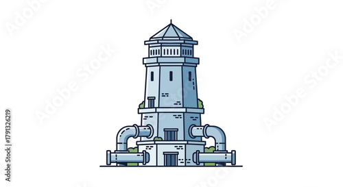 A stylized line art illustration of an industrial water tower building, representing a municipal water supply system and urban public utility infrastructure