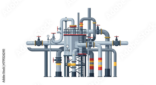 Detailed vector illustration of an industrial processing plant unit with an intricate network of pipes, valves, and a central vessel