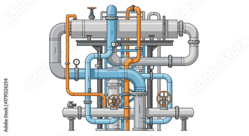 Technical vector illustration of an industrial heat exchanger unit with a complex network of pipes, valves, and pressure gauges on a white background