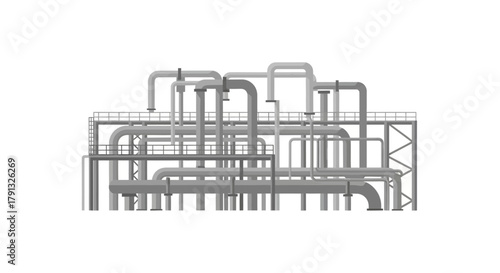 Vector illustration of an intricate network of industrial pipes and steel structures isolated on a white background