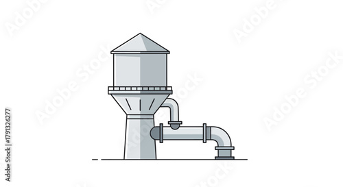 Illustration of an industrial water tower with pipelines for water supply and storage, depicted in a flat line art style on a white background