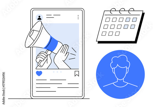 Smartphone screen promoting content through a megaphone, calendar for scheduling, and user avatar. Ideal for digital marketing, content strategy, online branding, social media management