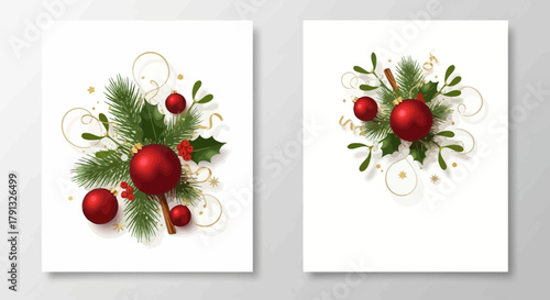 Elegant Christmas Greetings: Two Festive Card Designs with Ornaments and Foliage