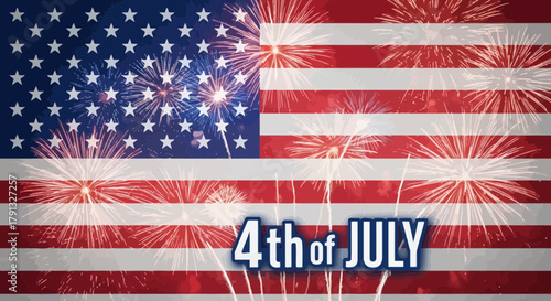 Festive 4th of July celebration backdrop with American flag and fireworks