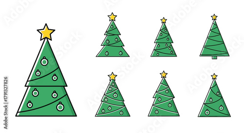 Festive Christmas Tree Illustrations with Ornaments and Stars for Holiday Season