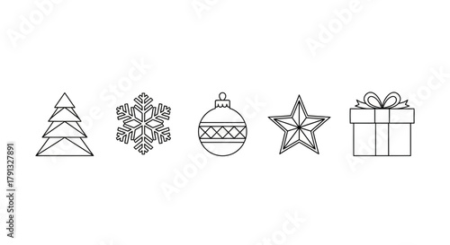 Elegant Line Art: Christmas Tree, Snowflake, Ornament, Star, and Gift Symbols