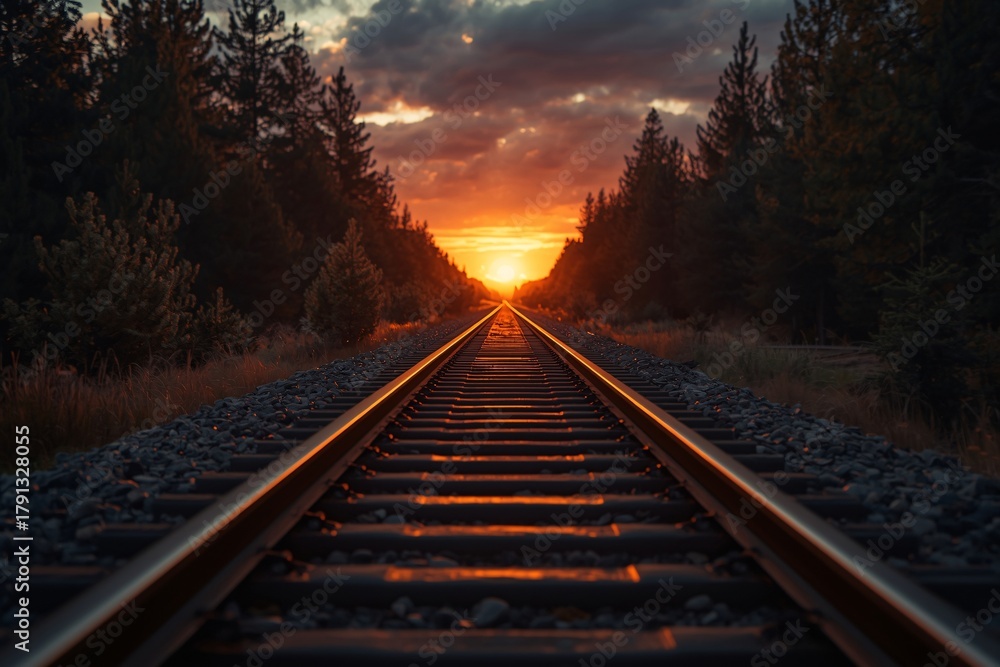 Fototapeta premium A glowing railway through a pine forest under a fiery sunset sky.