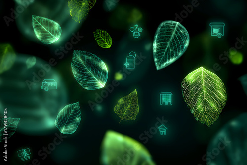 abstract green energy background, glowing leaves and icons
