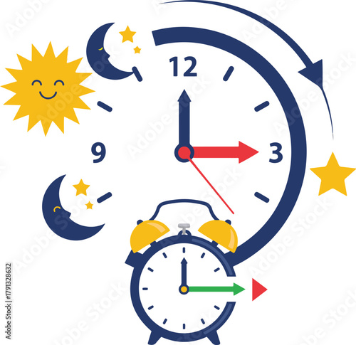 a large clock and a smaller alarm clock, both indicating a time change with arrows, surrounded by smiling sun, moons, and stars, representing daylight savings.